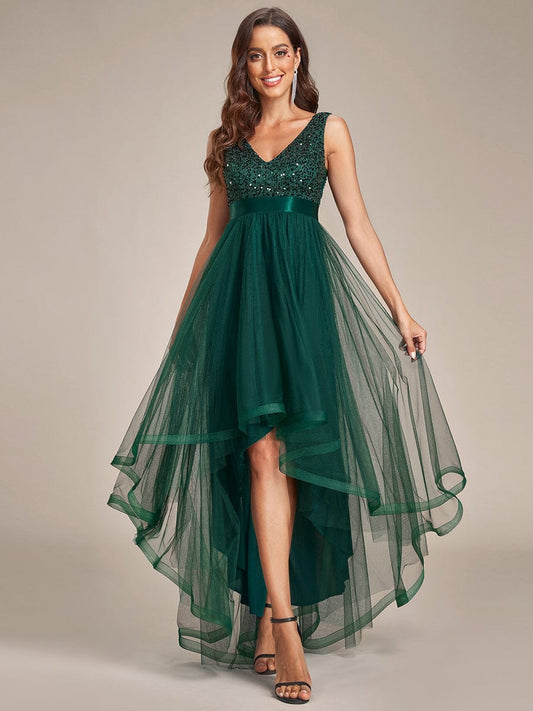 Sequin Bodice Tulle High-Low Evening Dress with Ribbon Waist DRE2310040011DGN4 DarkGreen / 4