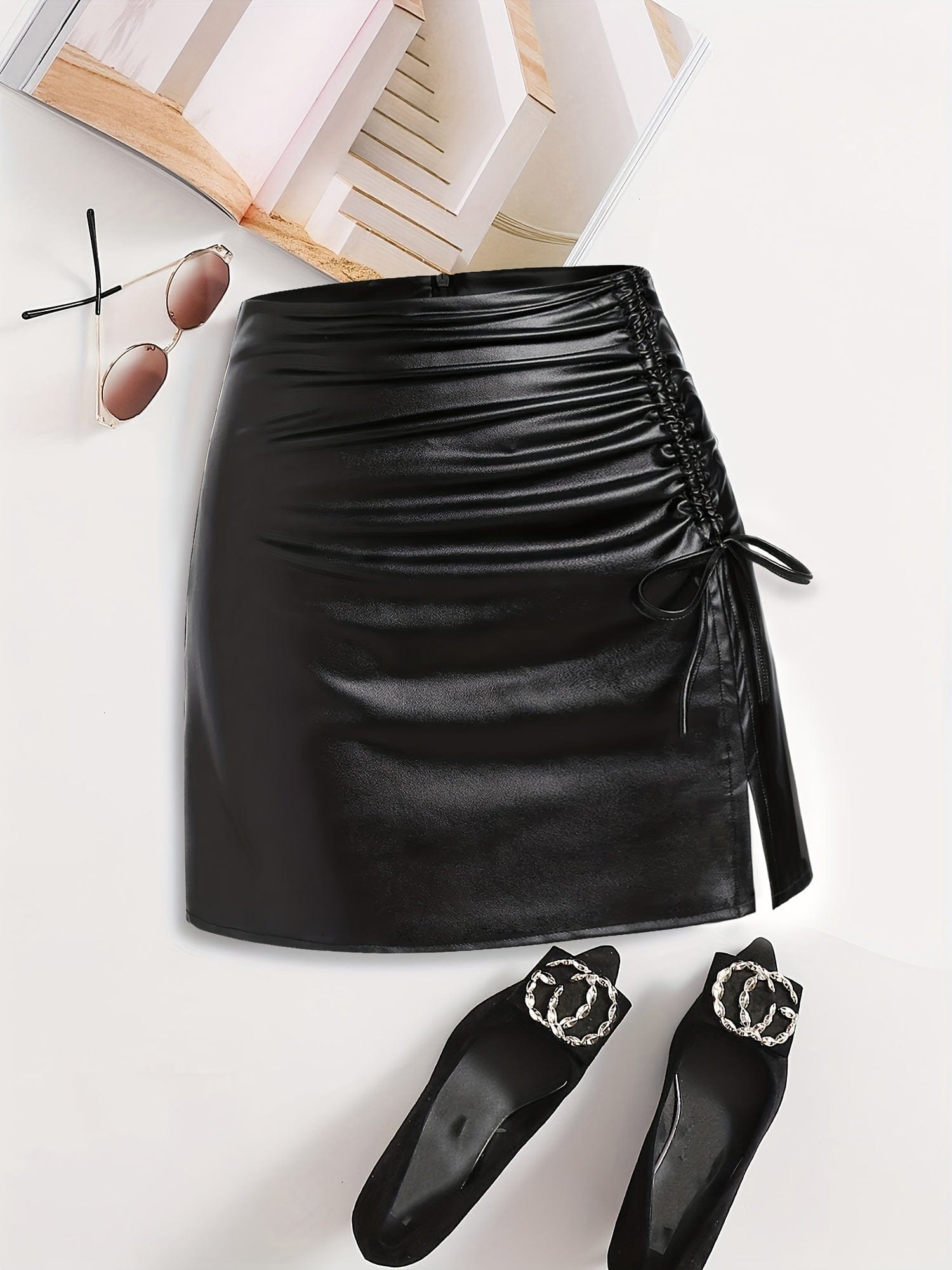 Sexy A-Line PU Leather Side Tie Drawstring Slit Mini Dress DRE231012135BLAXS(2) Black / XS(2)