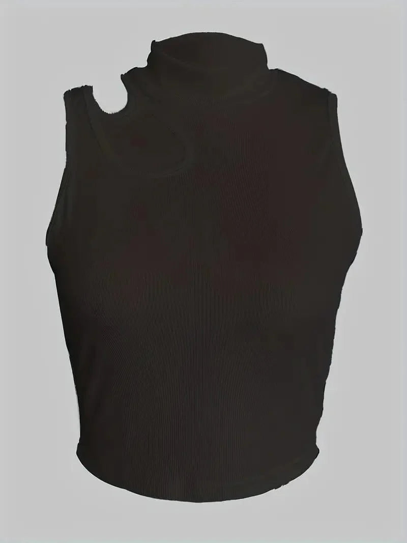 Sexy Solid Cut Out Mock Neck Sleeveless Tank Top