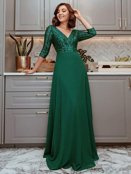 Sexy V Neck Sequin Evening Dresses with 3/4 Sleeve DRE230970513DGV4 DarkGreen / 4