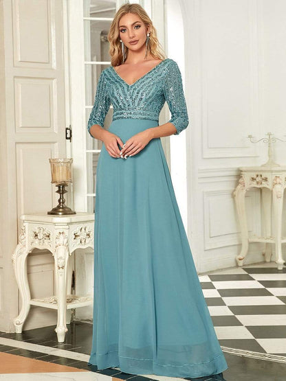 Sexy V Neck Sequin Evening Dresses with 3/4 Sleeve DRE230970525DBU4 LightSeaGreen / 4