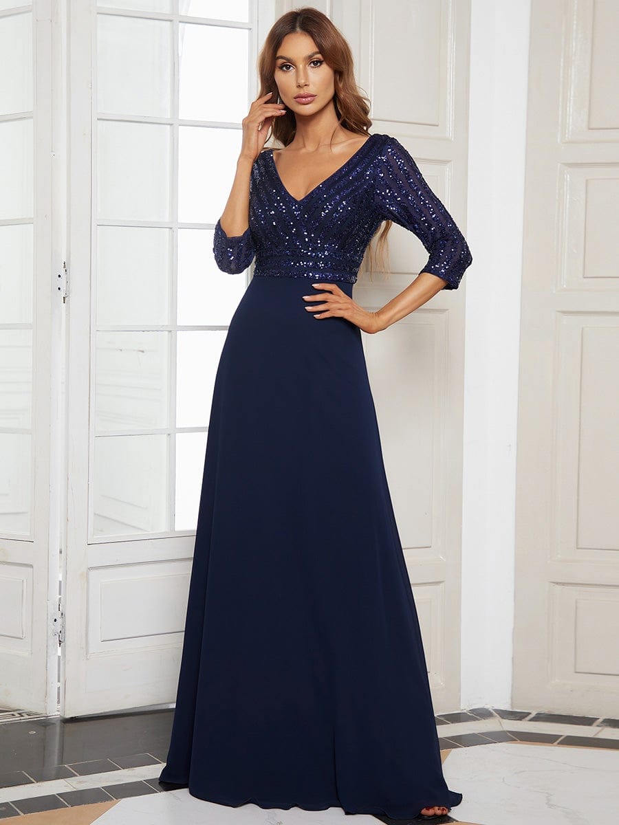Sexy V Neck Sequin Evening Dresses with 3/4 Sleeve DRE230970537NBY4 Navy / 4