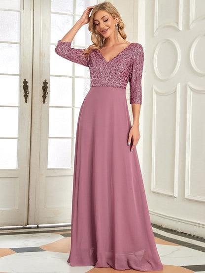 Sexy V Neck Sequin Evening Dresses with 3/4 Sleeve DRE230970549POH4 RosyBrown / 4