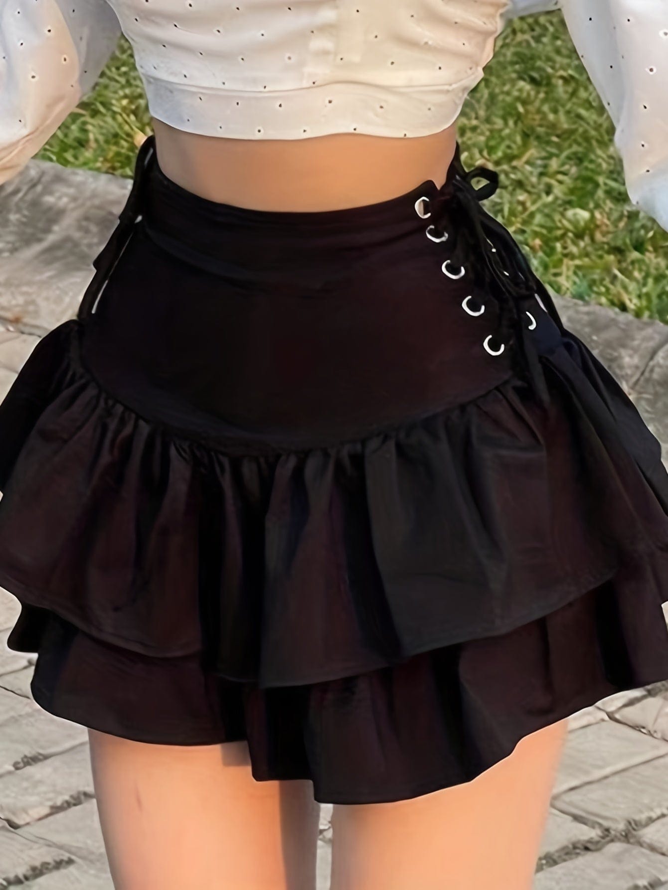 Sexy Y2K Side Tie High Waist Ruffle Hem Mini Dress DRE231012134BLAXS(2) Black / XS(2)