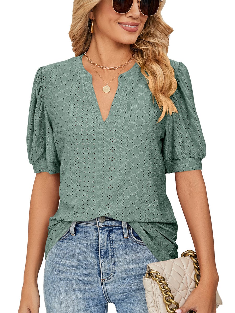 Shirts Casual V Neck Hollow Puff Sleeve Loose T Shirt TSH2302280028GRES Green / 2 (S)