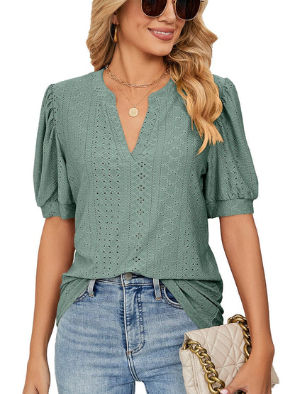 Shirts Casual V Neck Hollow Puff Sleeve Loose T Shirt TSH2302280028GRES Green / 2 (S)