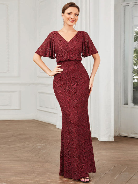 Short Cape Sleeve Embroidered Lace Bodycon Evening Dress DRE230912B1901BDG4 DarkRed / 4