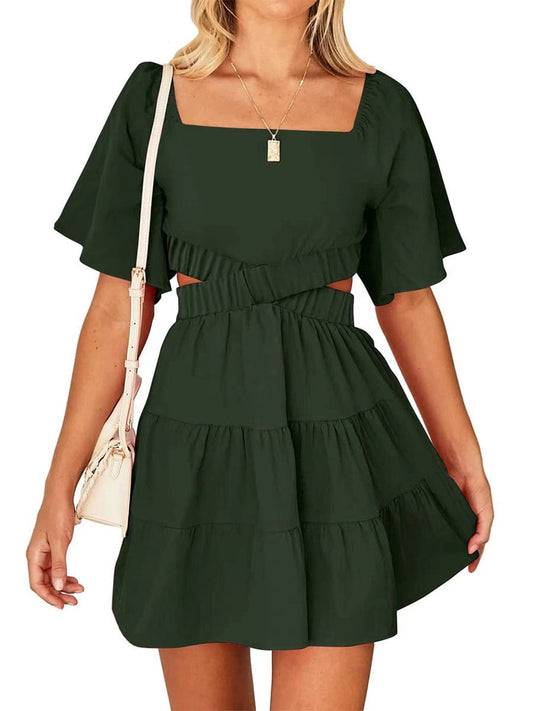 Shy Velvet Crossover Waist Casual Party Square Neck Short Sleeves Mini Dress DRE2308010357GRES Green / 2(S)