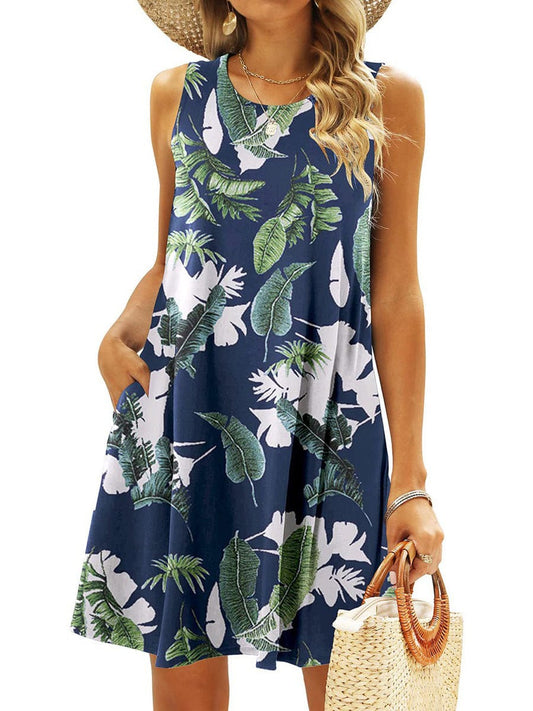 Simple Fun Beach Floral Casual Pockets Boho  Mini Dress DRE2308010358DBLS DarkBlue / 2(S)