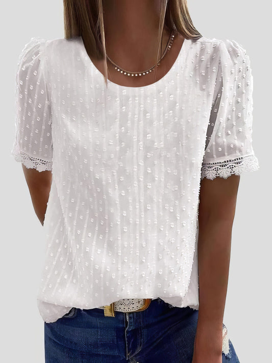 Solid Chiffon Round Neck Short Sleeve Top TSH2106281200WHIS White / 2 (S)