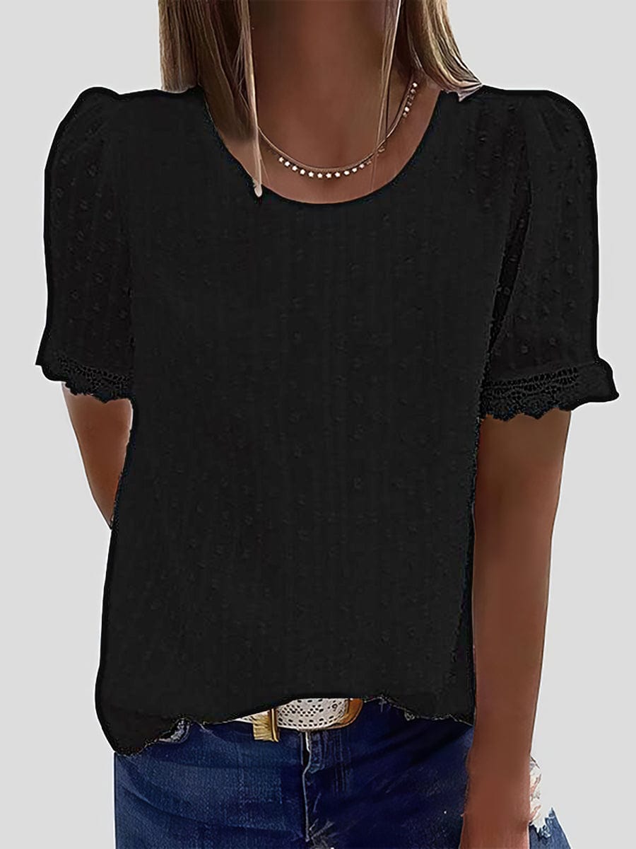 Solid Chiffon Round Neck Short Sleeve Top TSH2106281200BLAS Black / 2 (S)