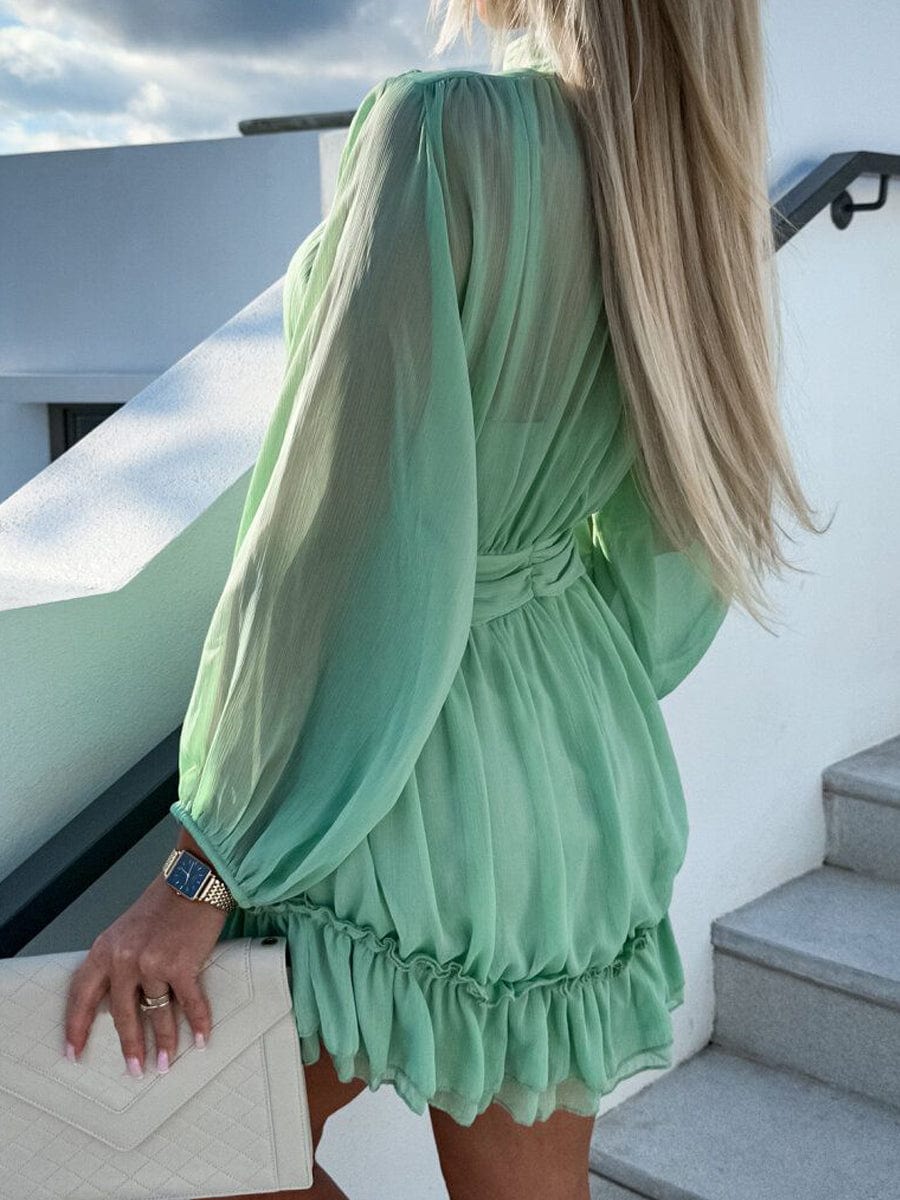 Solid Color Chiffon Waist Shirred Mini Dress