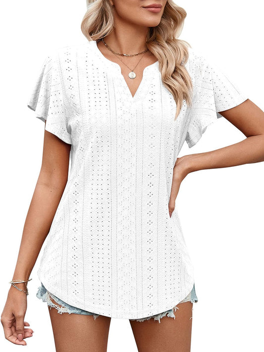 Solid Color Hollow V-Neck Ruffle Sleeve Casual T-Shirt TSH2303030054WHIS White / 2 (S)
