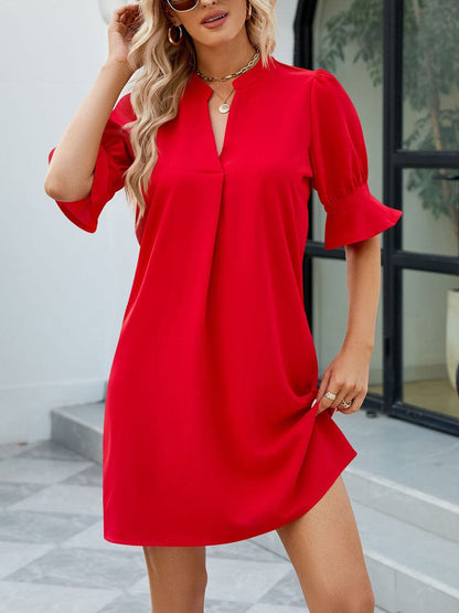 Solid Color Loose V Neck Half Sleeve Mini Dress DRE2304040137REDS Red / 2 (S)