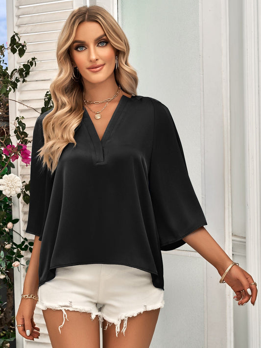 Solid Color Loose V-Neck Half Sleeve T-Shirt TSH2303030057BLAS Black / 2 (S)