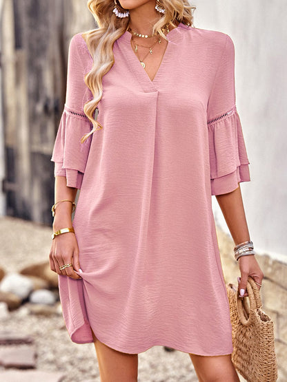 Solid Color Loose V Neck Mini Dress DRE2304030124PINS Pink / 2 (S)