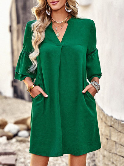 Solid Color Loose V Neck Mini Dress DRE2304030124GRES Green / 2 (S)