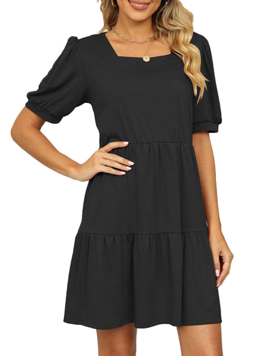 Solid Color Square Neck Short Sleeve Loose Stitching Mini Dress DRE2303030030BLAS Black / 2 (S)