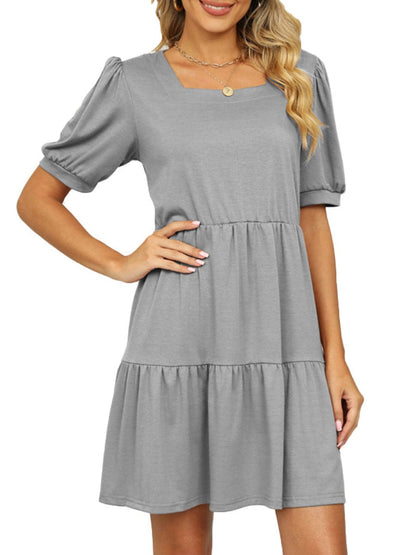 Solid Color Square Neck Short Sleeve Loose Stitching Mini Dress DRE2303030030GRYS Gray / 2 (S)