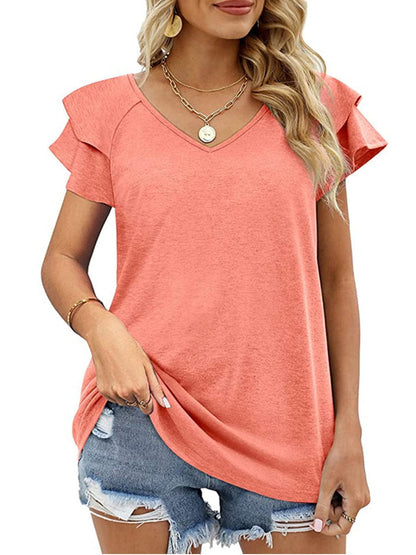 Solid Color V-Neck Ruffled Sleeves Loose T-Shirt TSH2303010035PINS Pink / 2 (S)