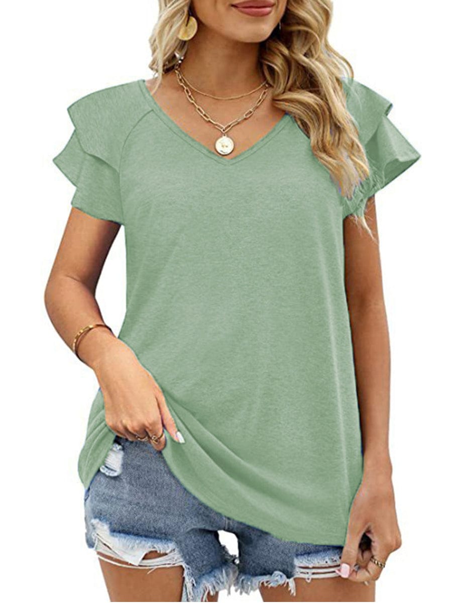 Solid Color V-Neck Ruffled Sleeves Loose T-Shirt TSH2303010035LGRES LightGreen / 2 (S)