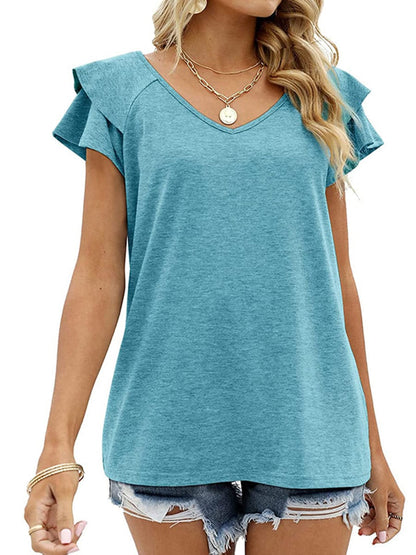 Solid Color V-Neck Ruffled Sleeves Loose T-Shirt