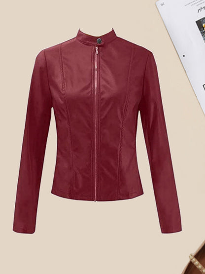 Solid Lightweight Faux Leather Zipper Casual Crop Jacket