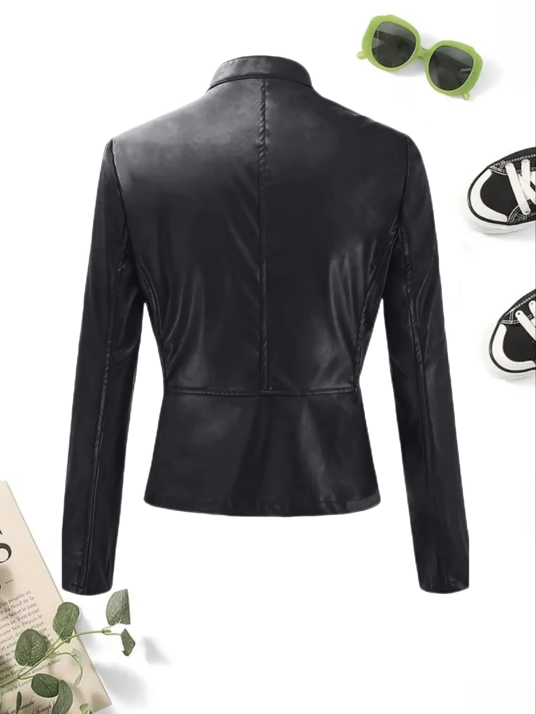 Solid Lightweight Faux Leather Zipper Casual Crop Jacket
