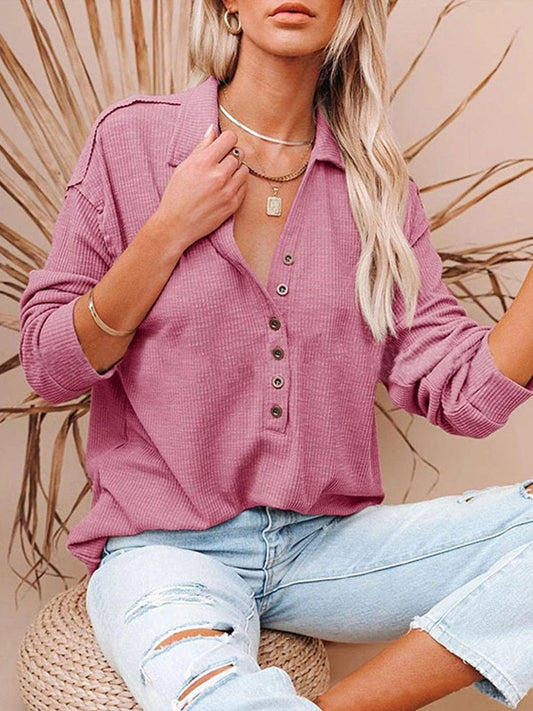 Solid Long-Sleeved V-Neck Button T-Shirt TSH2303060059PINS Pink / 2 (S)