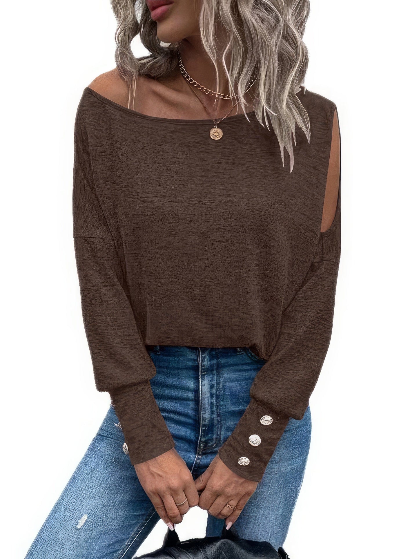 Solid Off Shoulder Long Sleeves Buttoned Cuff T-Shirt TSH2212162806DBROS SaddleBrown / 2 (S)