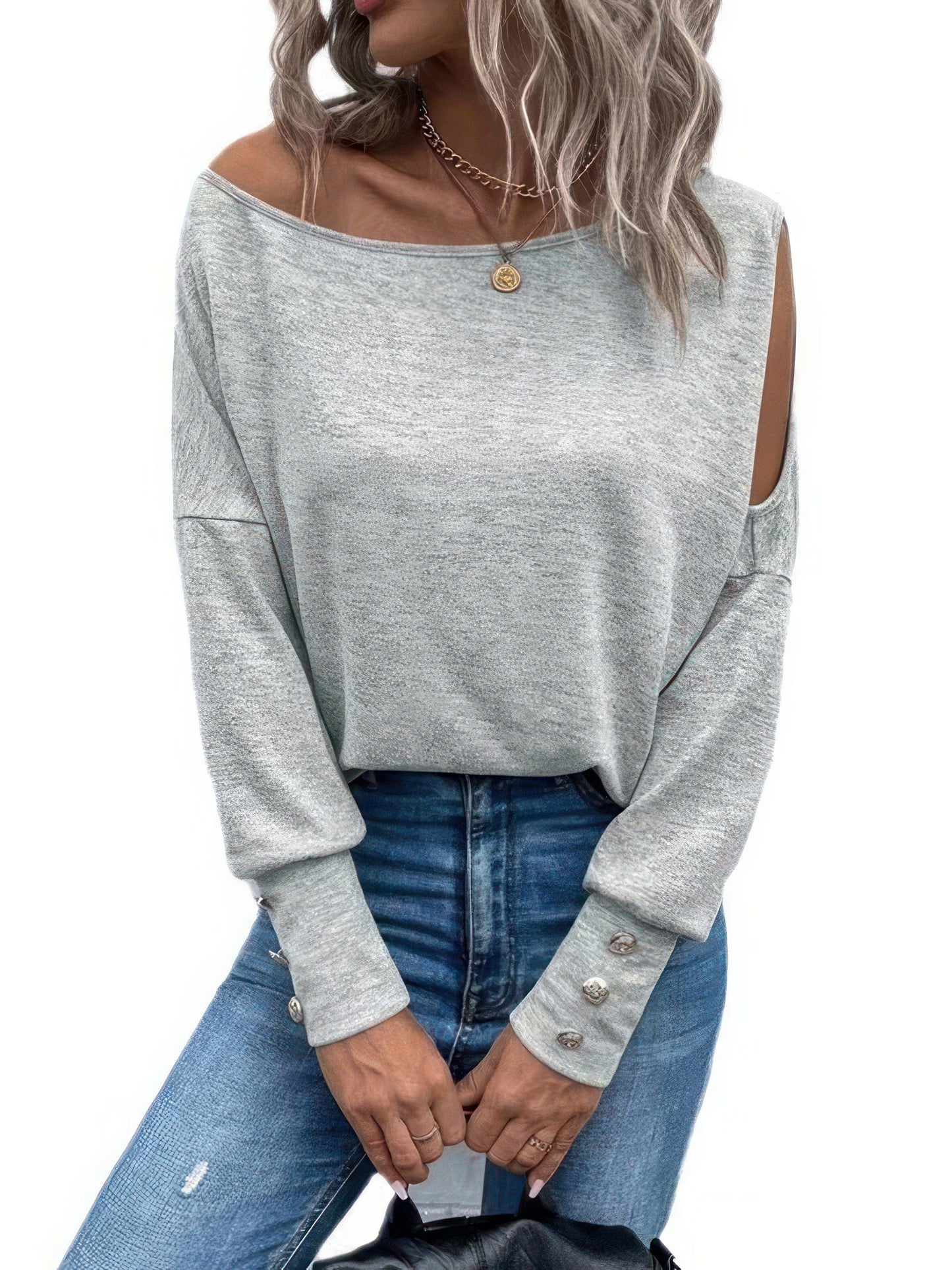 Solid Off Shoulder Long Sleeves Buttoned Cuff T-Shirt TSH2212162806GRYS Gray / 2 (S)
