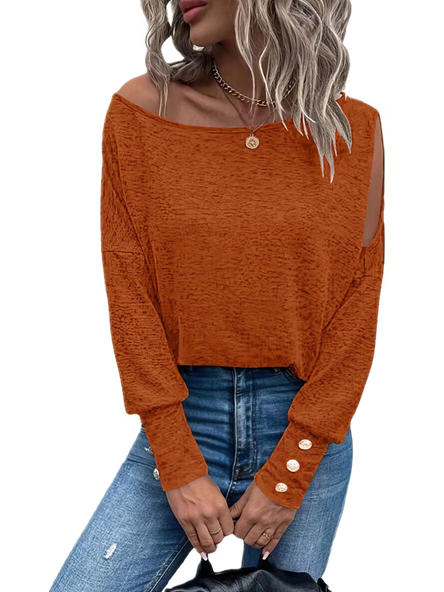 Solid Off Shoulder Long Sleeves Buttoned Cuff T-Shirt TSH2212162806ORAS Orange / 2 (S)