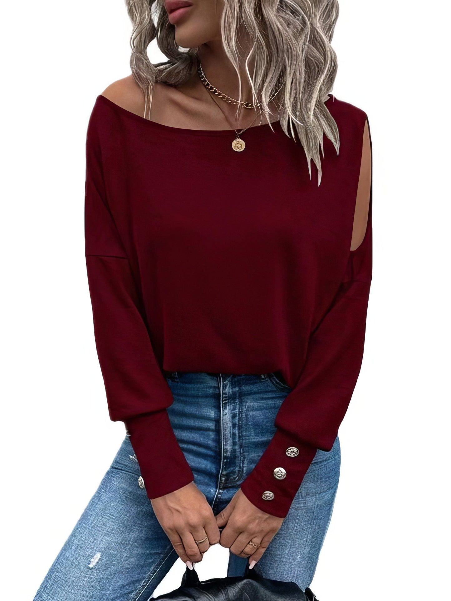 Solid Off Shoulder Long Sleeves Buttoned Cuff T-Shirt TSH2212162806BURS DarkRed / 2 (S)