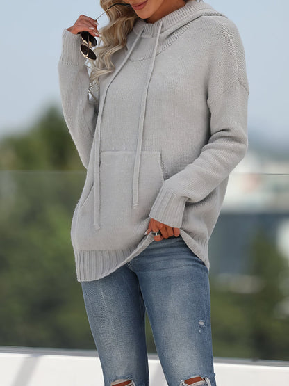 Solid Pocket Knit Hooded Sweater