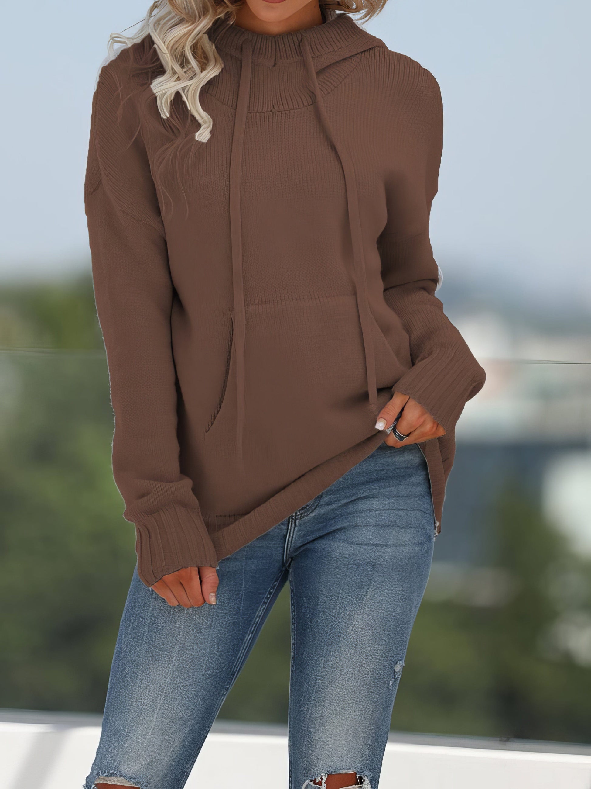Solid Pocket Knit Hooded Sweater SWE2210241423DBROS SaddleBrown / 2 (S)
