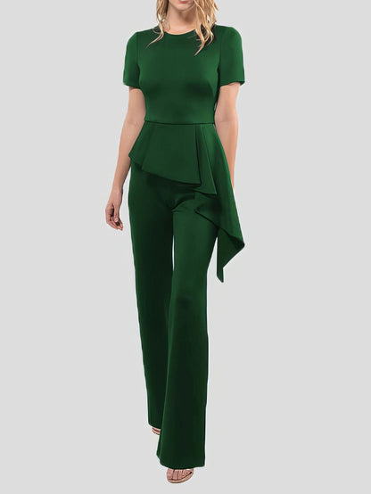 Solid Short Sleeve Ruffle Jumpsuit JUM2209051791BGRES DarkGreen / 2 (S)