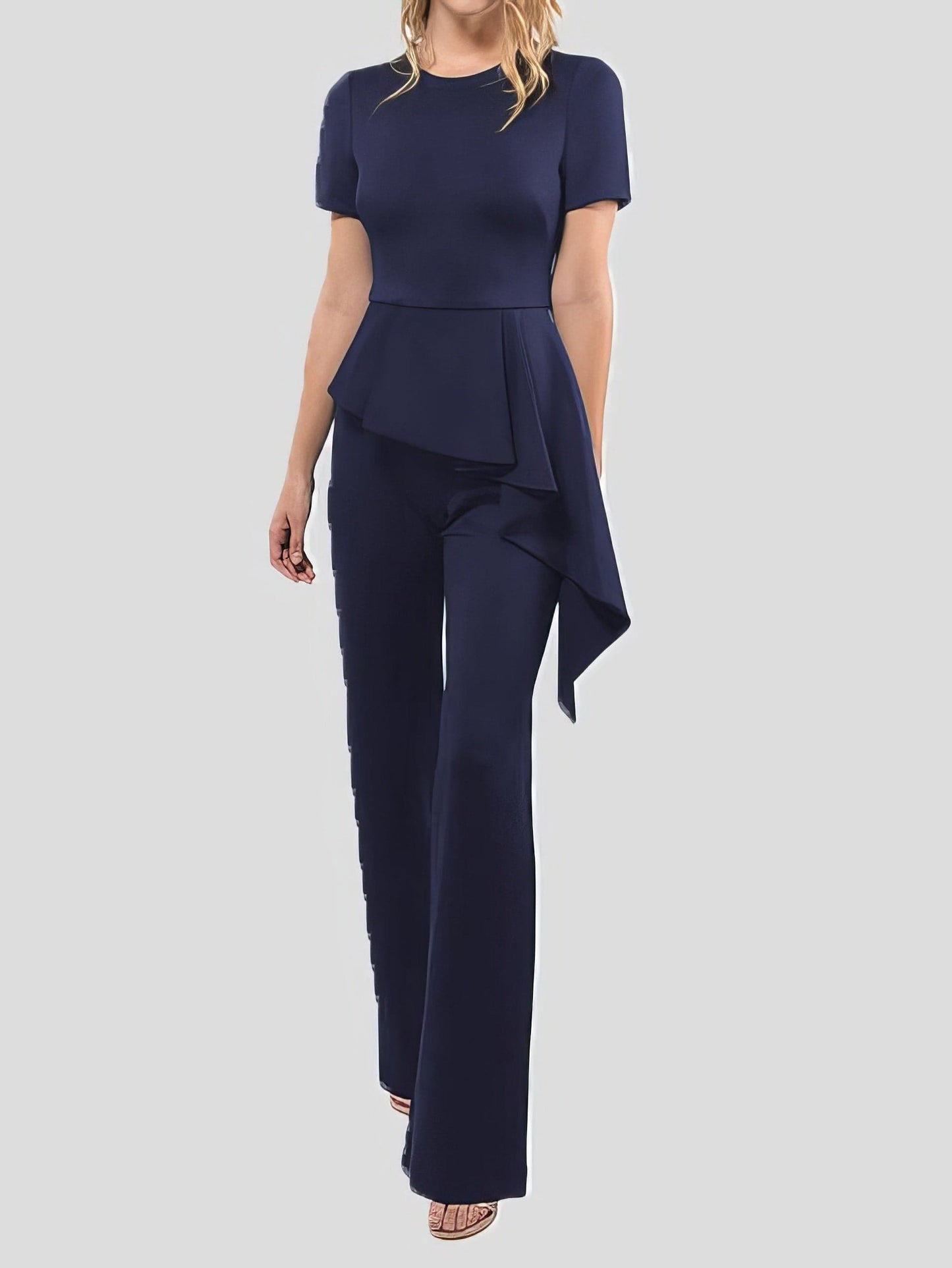 Solid Short Sleeve Ruffle Jumpsuit JUM2209051791DBLUS Navy / 2 (S)