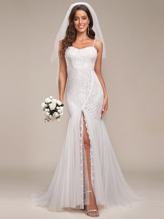 Spaghetti Strap Lace Backless Long Fishtail Wedding Dress DRE2310040016WHI4 White / 4
