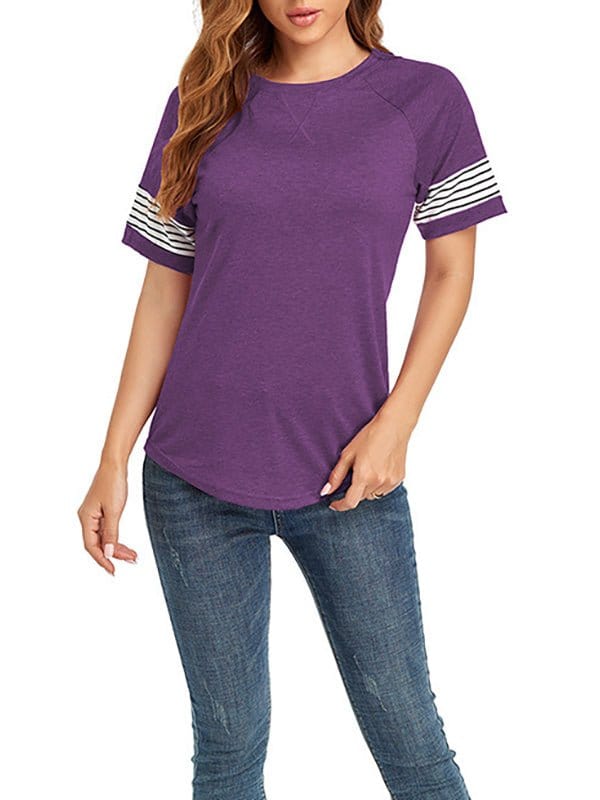 Splice Stripe Loose Short Sleeve T-Shirt TSH2212192813PURS Purple / 2 (S)