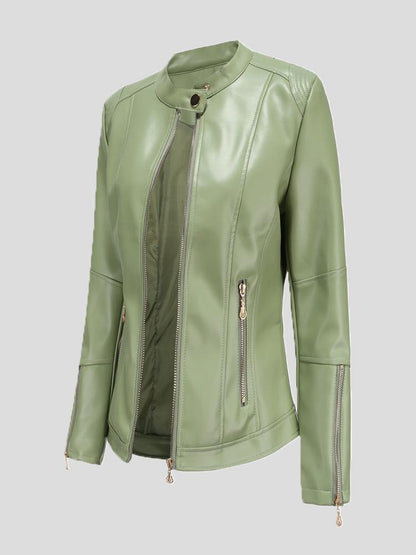 Stand-Up Collar Zipper PU Leather Jacket JAC2111291185GRES Green / 2 (S)