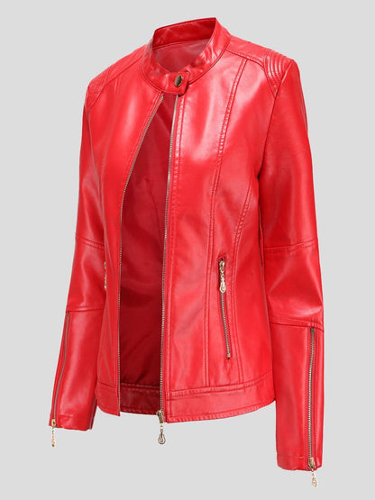 Stand-Up Collar Zipper PU Leather Jacket JAC2111291185REDS Red / 2 (S)