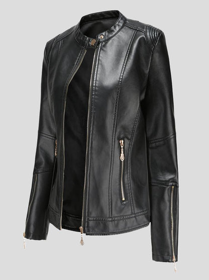 Stand-Up Collar Zipper PU Leather Jacket JAC2111291185BLAS Black / 2 (S)