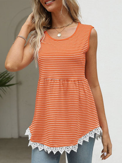 Striped Lace Stitching Fashion Sleeveless Blouse BLO2305020074ORAS Orange / 2 (S)