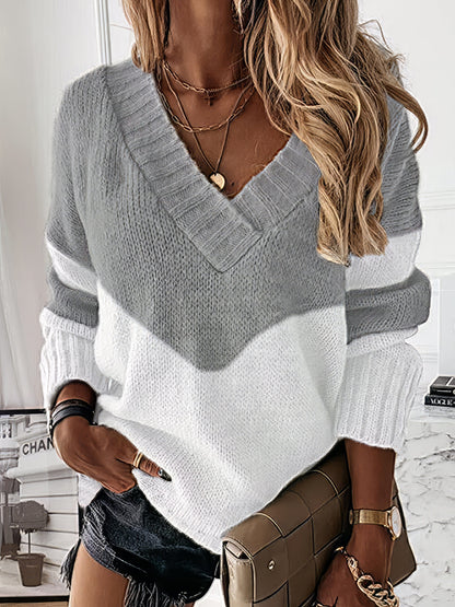 Striped Leopard Color Block Crochet Print Casual Long Sleeve Sweater SWE2307260019GRYS Gray / 2(S)