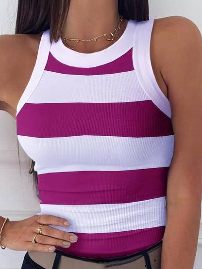 Striped Print Round Neck Casual Tank Top - Off Shoulder - Halter - Jewel - Bare - U Shape TAN2106110231RREDS DarkRed / 2 (S)