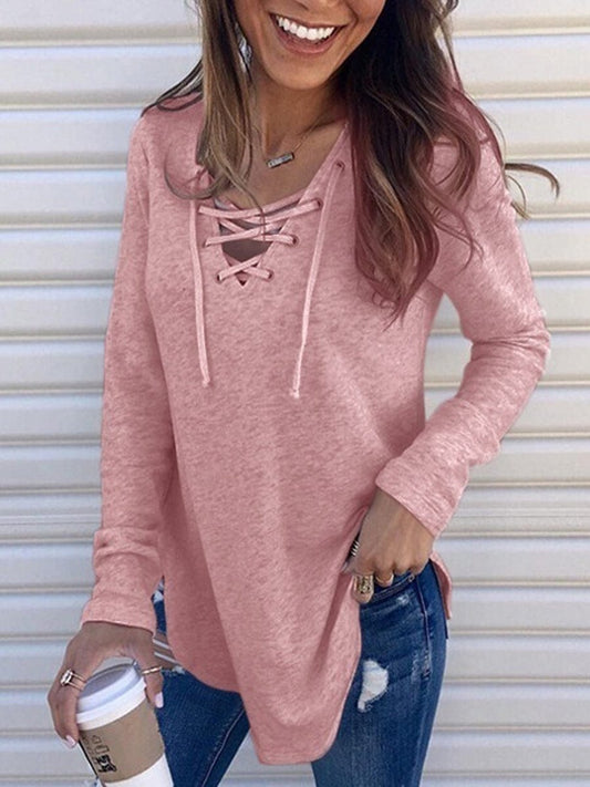 Stylish Comfortable Solid Color Tie Loose Casual  V-Neck T-Shirt TSH2306050186PINS Pink / 2 (S)