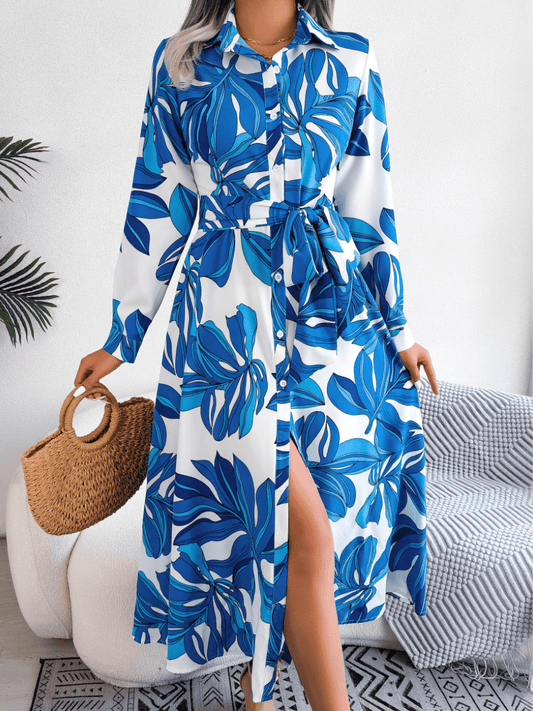 Stylish Fashionable Contrasting Floral Lapel Midi Dress DRE2306250254BLUS Blue / 2 (S)