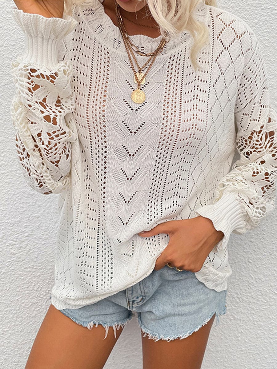 Stylish Lace Trim Panel Knit Cutout Sweater SWE2306010009WHIS White / 2 (S)