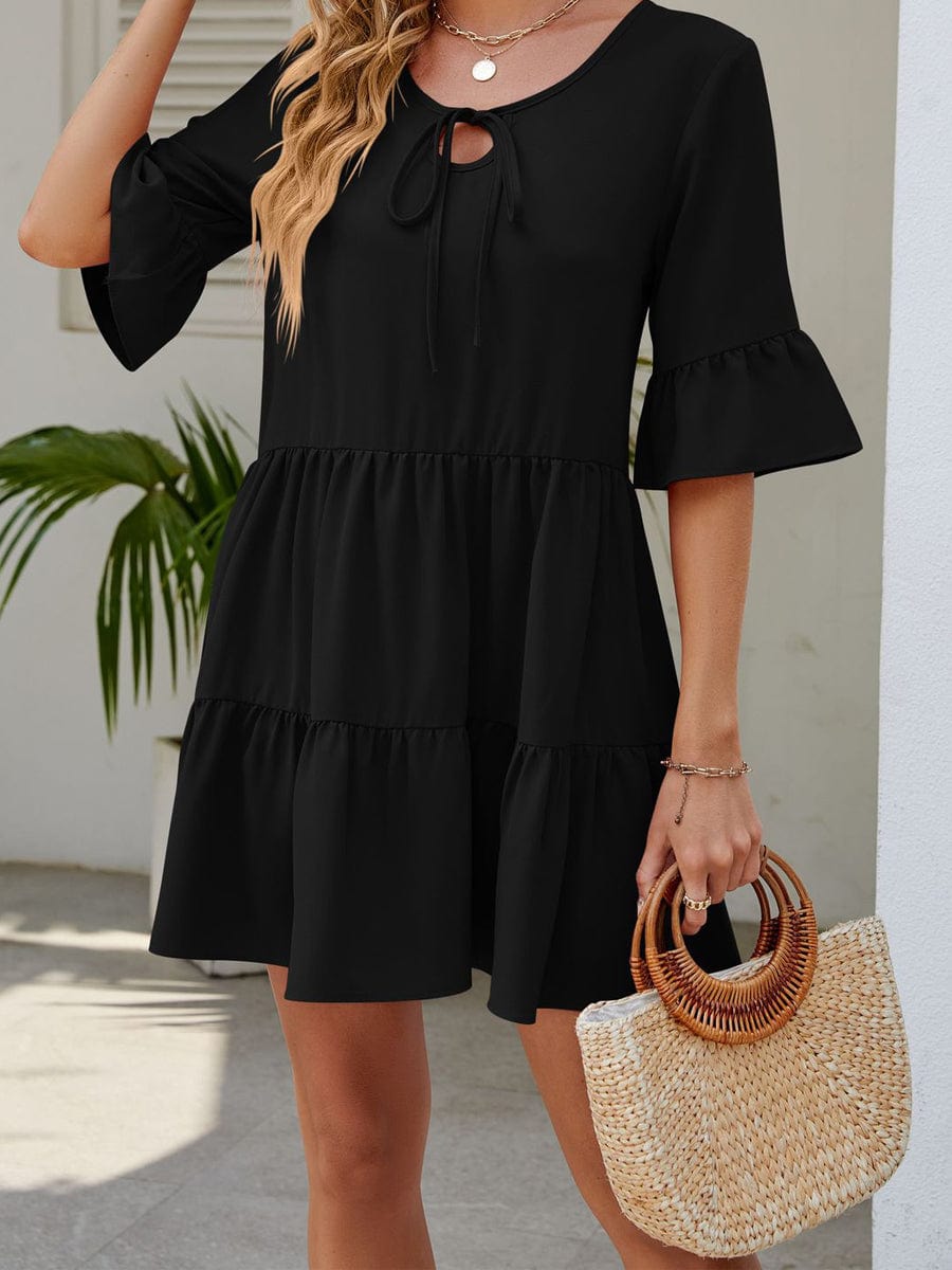 Stylish Pleated Ruffle Short Sleeve Mini Dress DRE2305290228BLAS Black / 2 (S)