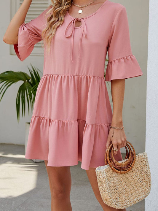 Stylish Pleated Ruffle Short Sleeve Mini Dress DRE2305290228PINS Pink / 2 (S)